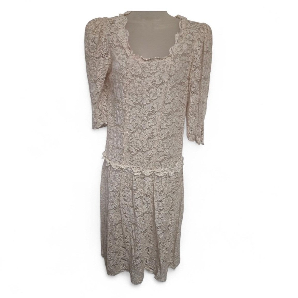 Vintage Wedding Bridal Cream Floral Lace Midi Dress Pearl Trim‎ 80s